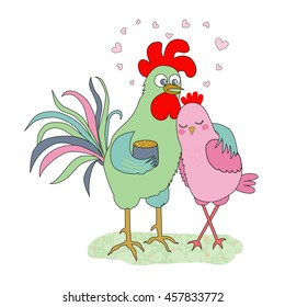 Cute cartoon cock and hen - symbol of 2017. Chinese New Year of the Rooster. Greeting card, Valentine Day design. Illustration in flat style