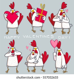 Cute cartoon cock and hen - symbol of 2017. Chinese New Year of the Rooster. Greeting card, Valentine Day design. Illustration in flat style