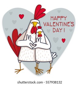 Cute cartoon cock and hen - symbol of 2017.  Chinese New Year of the Rooster. Greeting card, Valentine Day design. Illustration in flat style