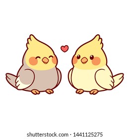 Cute cartoon cockatiel couple drawing. Little parrot birds in love with heart above. Isolated vector clip art illustration.