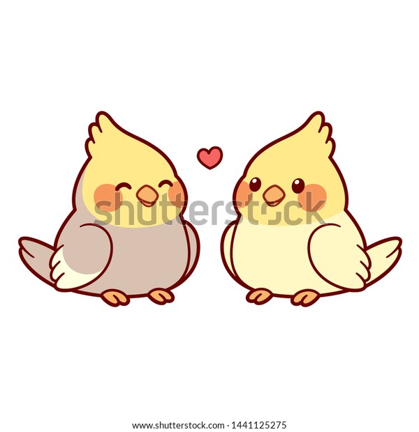 Cute\
cartoon cockatiel couple drawing. Little parrot birds in love with\
heart above. Isolated vector clip art\
illustration.