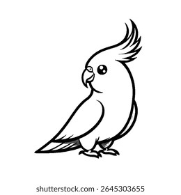 Um bonitinho cockatiel de desenho animado isolado em um fundo branco. O pássaro é desenhado com linhas pretas simples, tornando-se uma ilustração divertida e divertida.