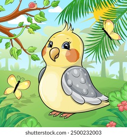 Cute cartoon cockatiel in nature. Vector illustration of an animal in a garden or forest with red flowers, yellow butterflies and trees.