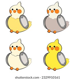 Cute cartoon cockatiel parrot vector illustration set. Various color mutations, yellow and gray combinations. Vector clipart, charming drawing style