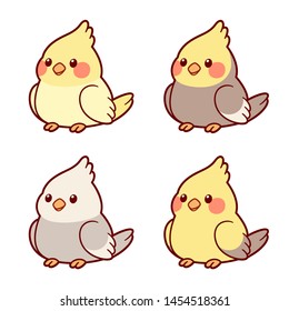 Cute Cartoon Cockatiel Papageien Illustrationssatz. Verschiedene Farbmutationen, gelbe und graue Kombinationen. Einzeln Vektorklammer Kunst, bezaubernder Zeichenstil.