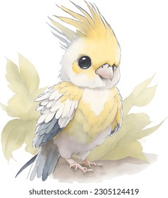 Cute cartoon cockatiel parrots illustration. Different color mutations, yellow and grey combinations. Isolated vector, adorable drawing style. 