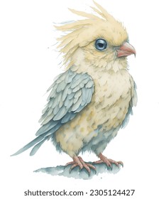 Cute cartoon cockatiel parrots illustration. Different color mutations, yellow and grey combinations. Isolated vector, adorable drawing style. 