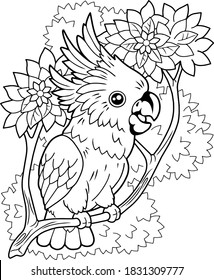 cute cartoon cockatoo parrot, funny coloring book illustration