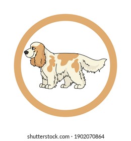 Cute cartoon Cocker Spaniel in circle dog vector clipart. Pedigree kennel doggie breed for kennel club. Purebred domestic dog training for pet parlor. Illustration mascot. Isolated canine. 