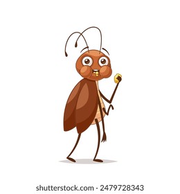 Caricatura Linda Cucaracha Personaje De Pie Y Comer. Vector Gracioso Cucaracha Tiene Una Expresión Amistosa