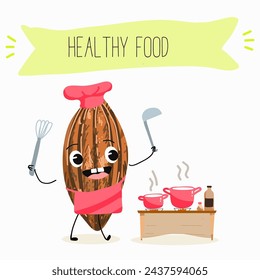 Cute  cartoon Cocoa Beans,  chocolate characters with different activities. Flat vector illustration, funny fruits. Cartoon style smiling mascot for kids menu decoration.