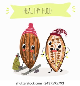 Cute  cartoon Cocoa Beans,  chocolate characters with different activities. Flat vector illustration, funny fruits, funny beans. Cartoon style smiling mascot for kids menu decoration.