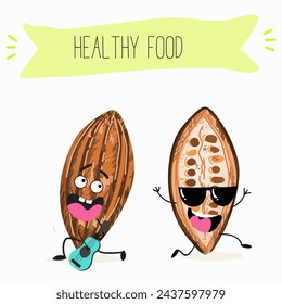 Cute  cartoon Cocoa Beans,  chocolate characters with different activities. Flat vector illustration, funny fruits, funny beans. Cartoon style smiling mascot for kids menu decoration.