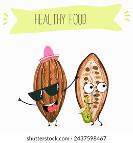 Cute  cartoon Cocoa Beans,  chocolate characters with different activities. Flat vector illustration, funny fruits, funny beans. Cartoon style smiling mascot for kids menu decoration.