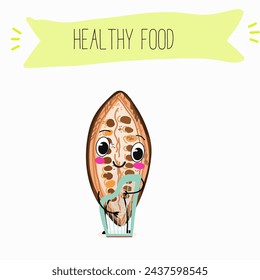 Cute  cartoon Cocoa Beans,  chocolate characters with different activities. Flat vector illustration, funny fruits, funny beans. Cartoon style smiling mascot for kids menu decoration.
