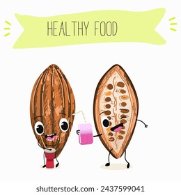 Cute  cartoon Cocoa Beans,  chocolate characters with different activities. Flat vector illustration, funny fruits, funny beans. Cartoon style smiling mascot for kids menu decoration.