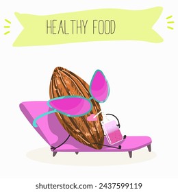 Cute  cartoon Cocoa Beans,  chocolate characters with different activities. Flat vector illustration, funny fruits, funny beans. Cartoon style smiling mascot for kids menu decoration.