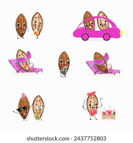 Cute cartoon Cocoa Beans,  chocolate characters set. Flat vector illustration. Activities, playing musical instruments, sports, funny nuts.Cartoon style smiling mascot for kids menu decoration.