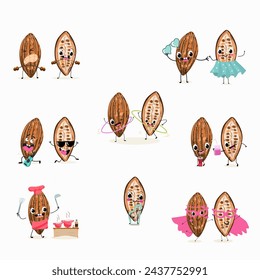 Cute cartoon Cocoa Beans,  chocolate characters set. Flat vector illustration. Activities, playing musical instruments, sports, funny nuts.Cartoon style smiling mascot for kids menu decoration.