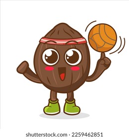 Cute cartoon Coconut character playing basketball