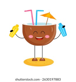 Cute cartoon coconut cocktail character with umbrella and shakers on the beach. Fun summer vector illustration for kids, tropical drink design and vacation themes