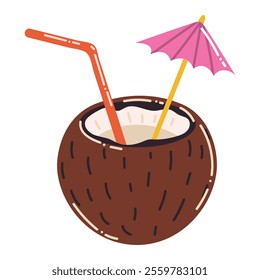 Cute cartoon coconut drink with straw and umbrella in flat style. Beach tropic coconut cocktail isolated on white background.