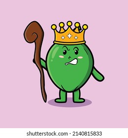 Cute cartoon Coconut mascot as wise king with golden crown and wooden stick