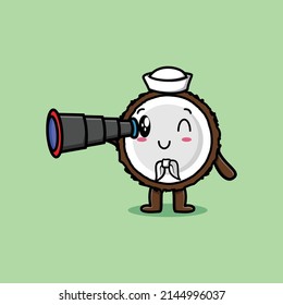 Cute cartoon Coconut sailor with hat and using binocular cute modern style design