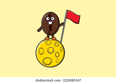 Cute cartoon Coffee beans character standing on the moon with flag in 3d modern design illustration