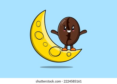Cute cartoon Coffee beans character standing on the crescent moon in 3d modern design illustration