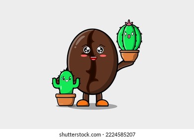Cute cartoon Coffee beans character holding Coffee beans plant in pot vector icon illustration