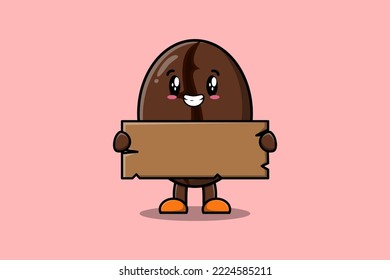 Cute cartoon Coffee beans character holding blank wooden text board vector icon illustration