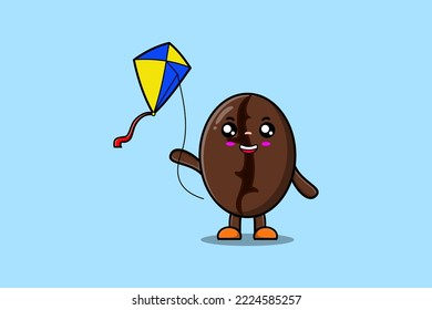 Cute cartoon Coffee beans character playing kite flying cartoon icon vector illustration