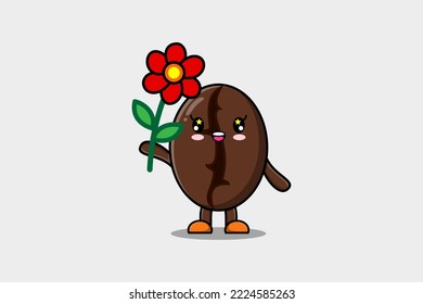 Cute cartoon Coffee beans character holding red flower in concept 3d cartoon style