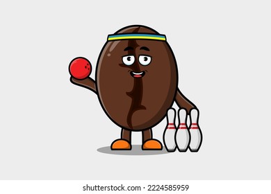 Cute cartoon Coffee beans character playing bowling in flat modern style design illustration