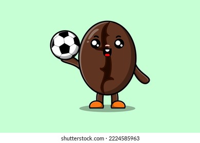 Cute cartoon Coffee beans character playing football in flat cartoon style illustration