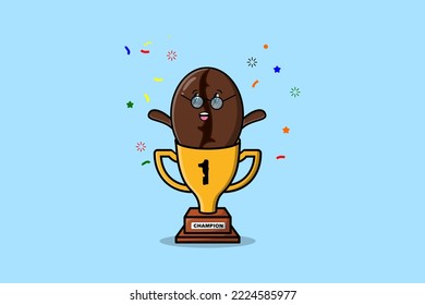 Cute cartoon Coffee beans character in trophy in concept flat cartoon style in modern illustration