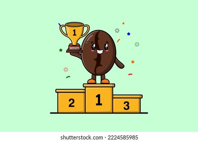 Cute cartoon Coffee beans character as the first winner with happy expression in modern illustration