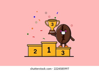 Cute cartoon Coffee beans character as the third winner with happy expression in modern illustration
