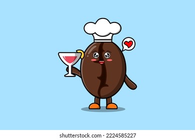 Cute cartoon Coffee beans chef character holding wine glass flat cartoon style illustration