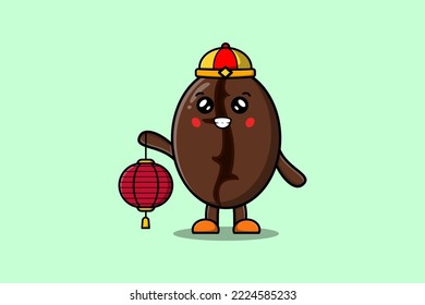 Cute cartoon Coffee beans chinese character holding lantern in vector icon illustration