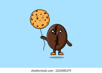 Cute cartoon Coffee beans floating with biscuits balloon in flat cartoon vector icon illustration