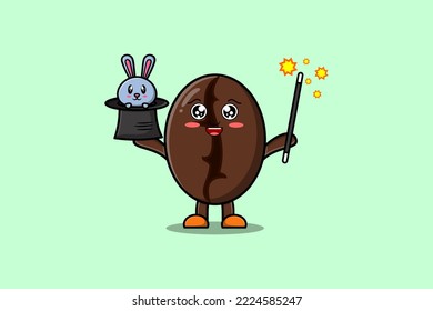cute cartoon Coffee beans magician character with bunny character coming out from magic hat
