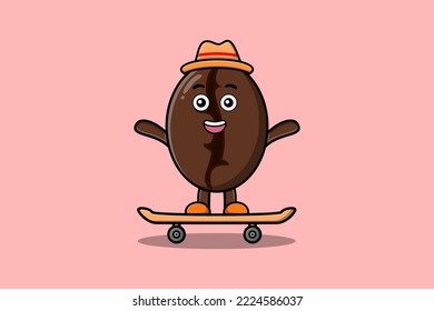 cute cartoon Coffee beans standing on skateboard with cartoon vector illustration style