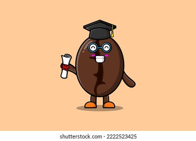 Cute cartoon Coffee beans student character on graduation day with toga in flat cartoon style