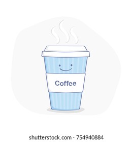 Cute cartoon coffee cardboard cup character, mug of coffee. pt. Flat outline isolated vector illustration on white background.