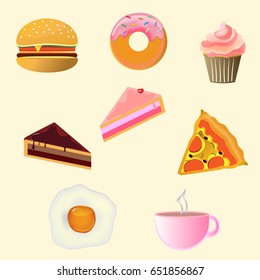 Cute cartoon of Coffee cup bakery and food flat icon hamburger, dough nut, cup cake, a piece of cake, egg fries, pizza, pop corn, hot dog, ice cream, folk spoon knife, water melon, smoothies