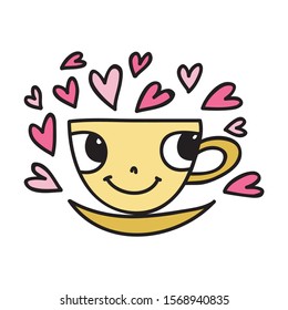 Cute cartoon coffee cup and beautiful hearts. Vector illustration