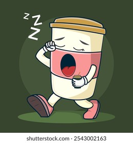 A cute cartoon coffee cup character with a sleepy expression, yawning and holding a small coffee cup. Perfect for designs related to morning coffee, fatigue, or sleepy mood themes