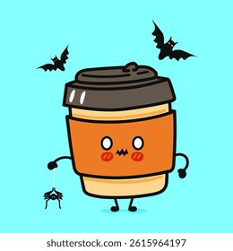 A cute cartoon coffee cup character with bats and a spider in a Halloween-themed illustration over a blue background.